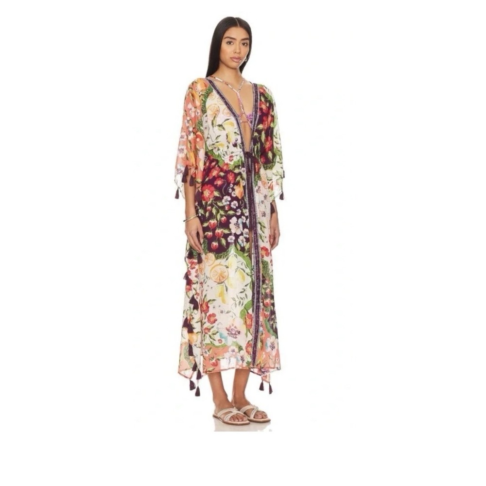 Agua Bendita Sammy Kaftan Floral Fruit Print Swim Maxi Coverup Tassel  One size